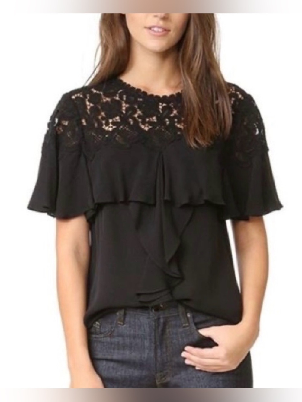 Rebecca Taylor Black Ruffled Lace Yoke Silk Short Sleeve Top